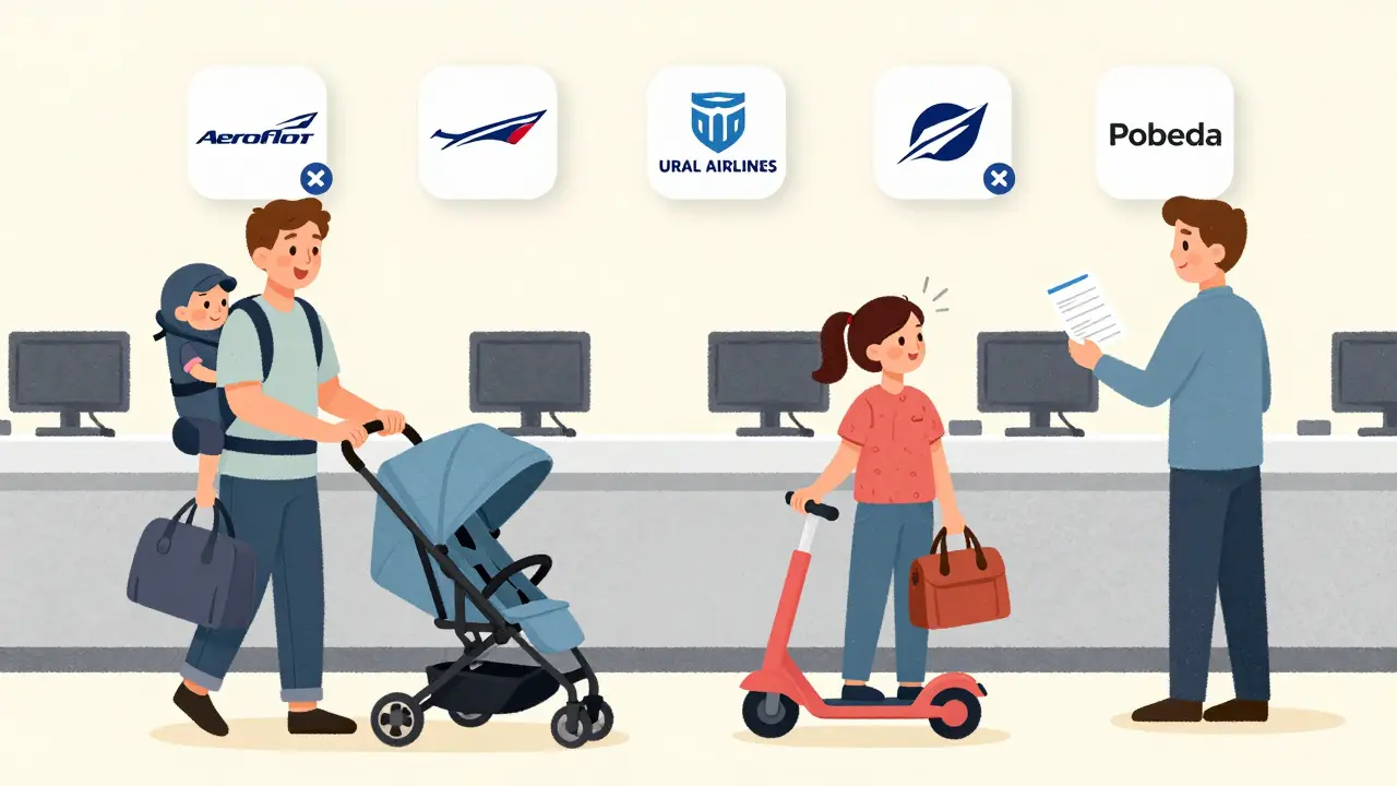 Семья сдаёт коляску и самокат на стойке регистрации, держа ручную кладь и переноску.