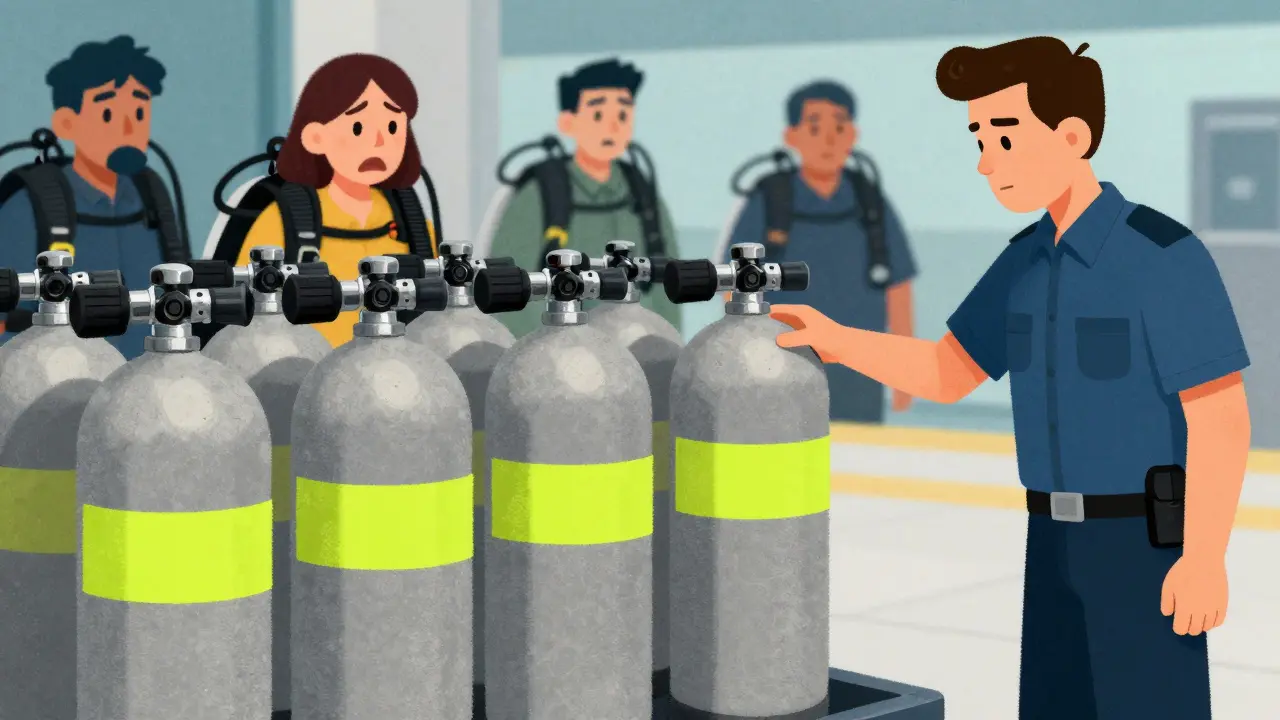 Сотрудник аэропорта проверяет баллон на давление, один баллон отклонен, другой проходит проверку.