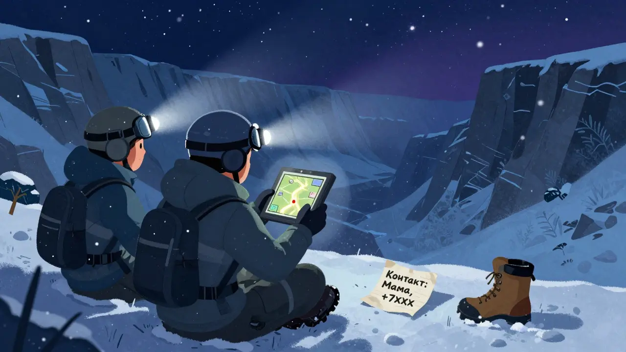 Спасатели в снегу используют GPS-таблетку, чтобы найти точку на карте в горах.