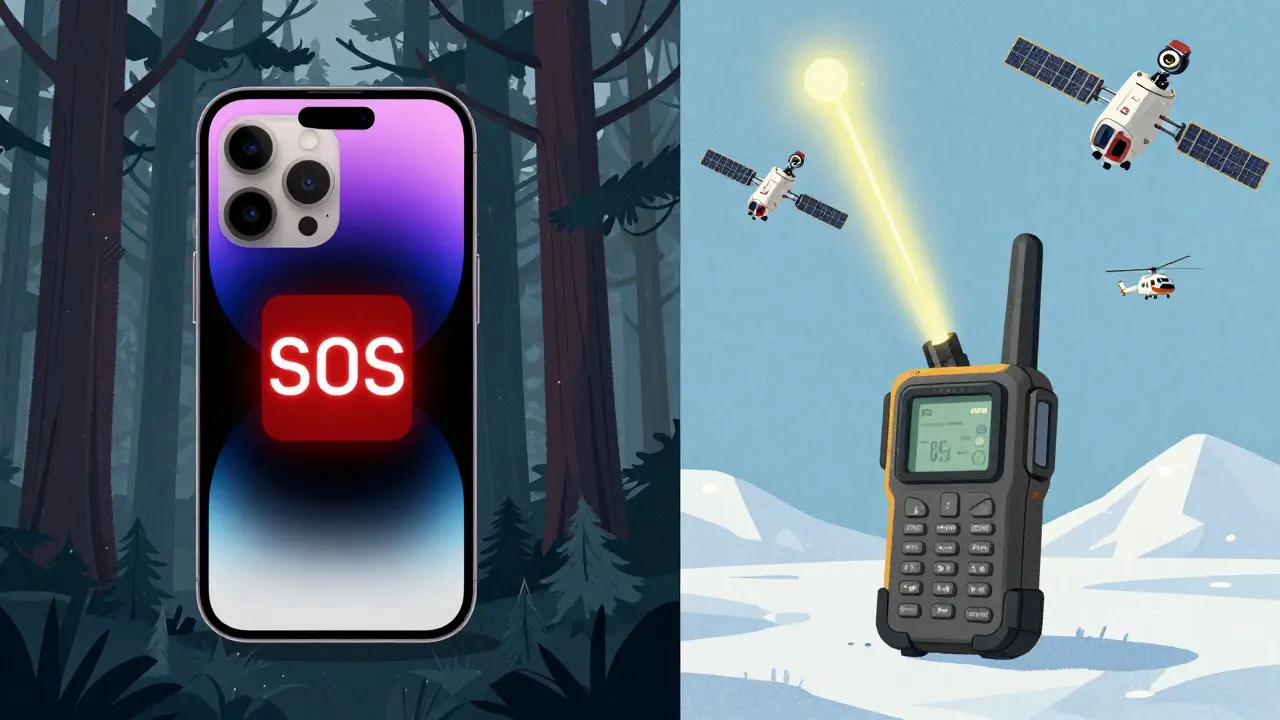 Сравнение: iPhone в лесу без сигнала и спутниковое устройство с чётким сигналом над арктической тундрой.