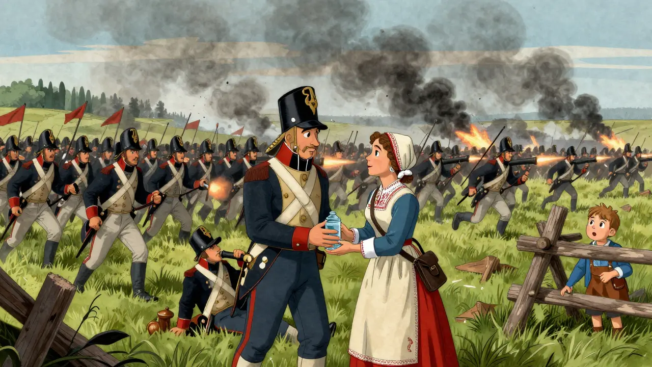 Сражение 1812 года: солдаты атакуют в дыму пушек, женщина подаёт воду раненому, ребёнок смотрит с безопасного расстояния.
