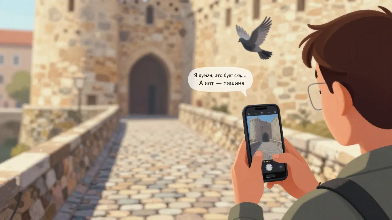 Точка зрения путешественника: камера движется по мосту, свет играет на камне, над головой — тексты о неожиданных эмоциях.