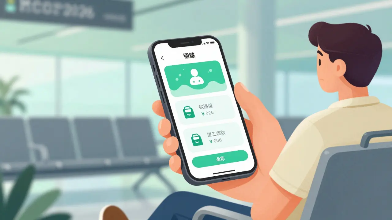 Турист использует мобильное приложение для цифрового возврата налогов в аэропорту.