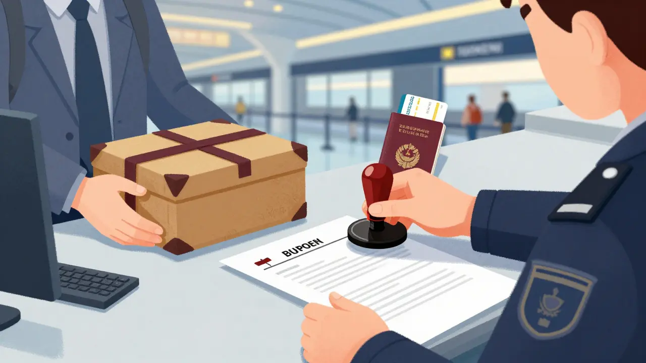 Турист в аэропорту предъявляет нераспакованные покупки таможеннику для проставления печати.