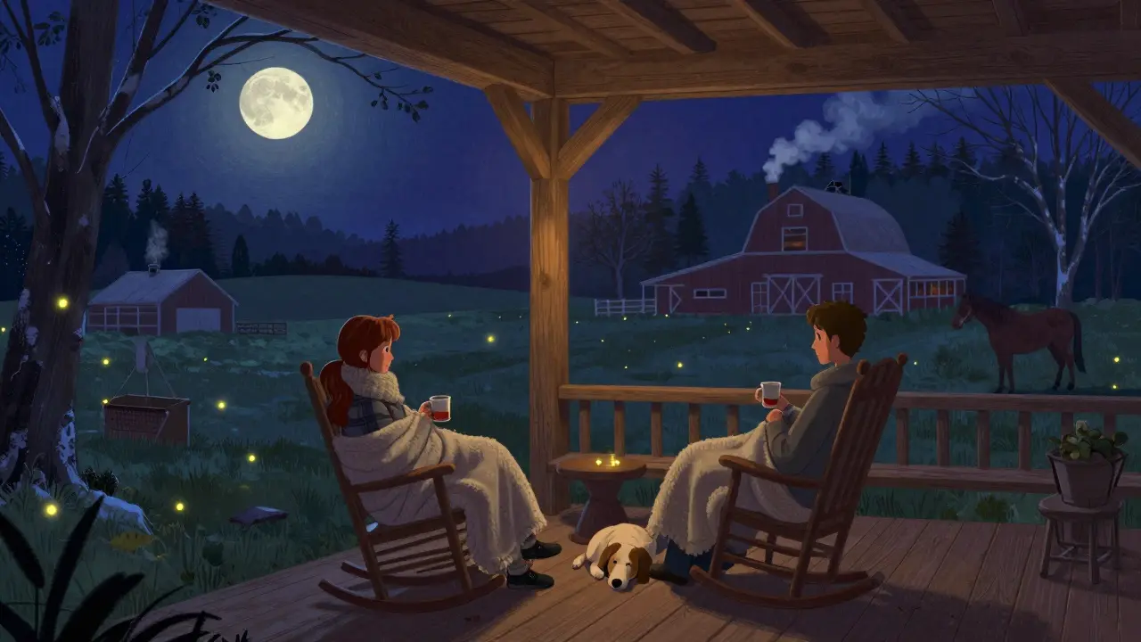 Вечер на крыльце: пара пьёт чай, собака спит, луна светит над снежным лугом и баней.
