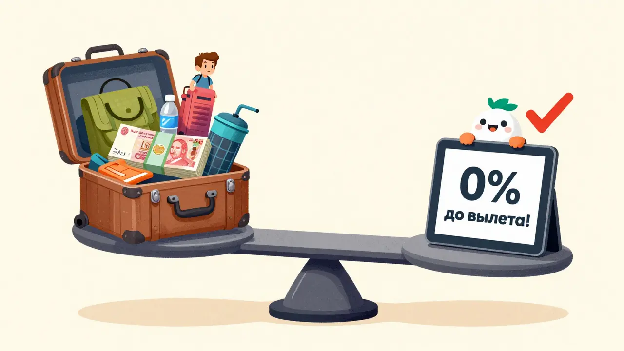 Весы балансируют чемодан с отпуском и деньгами, рядом — логотип Paylate с надписью '0% до вылета'.
