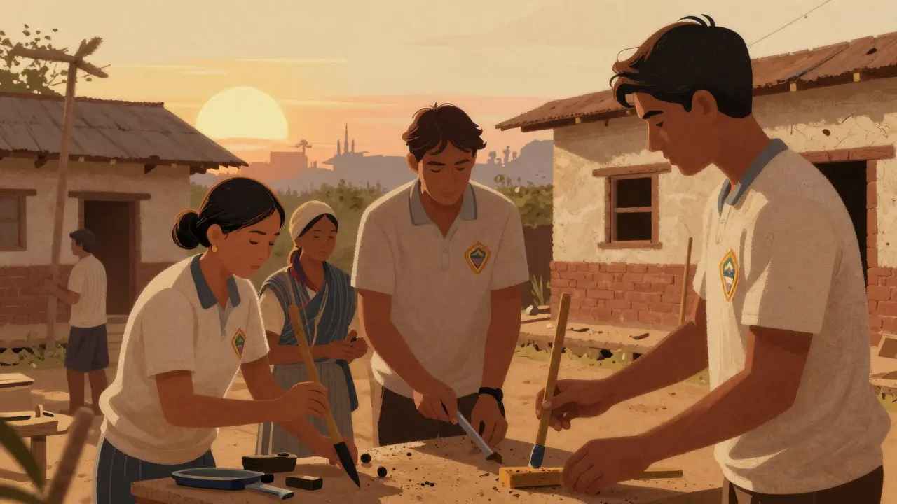 Волонтёры строят школу в Непале вместе с местными жителями.