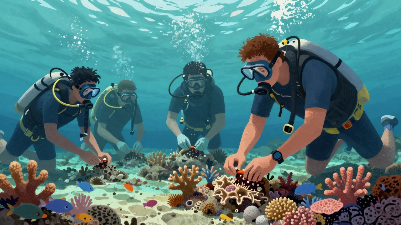 Волонтёры восстанавливают коралловый риф в Индонезии под водой.