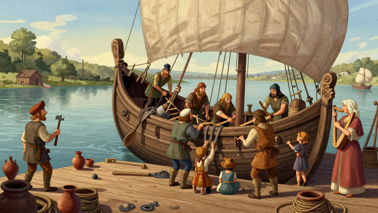 Женщины и мужчины строят древний корабль на берегу реки, дети лазают по палубе, рядом лежат весла и глиняные кубки.