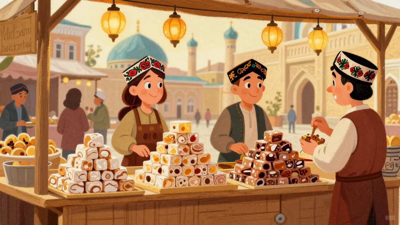 Ярмарка с татарскими сладостями и традиционными продавцами.