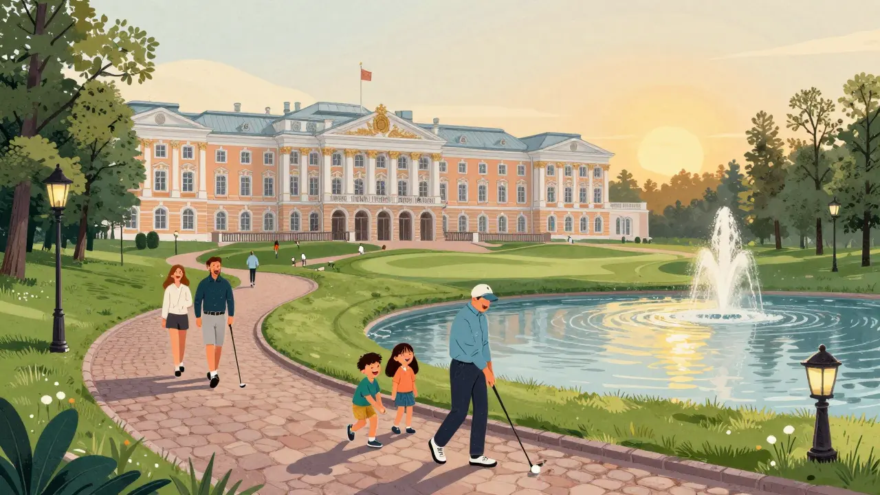 Гольф-клуб Петергоф на фоне дворца, семья играет рядом с фонтанами при закате.