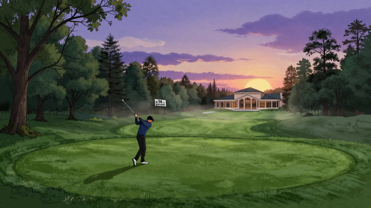 Гольфист на сложной лунке в Раёво, окружённый деревьями и холмами, на закате.