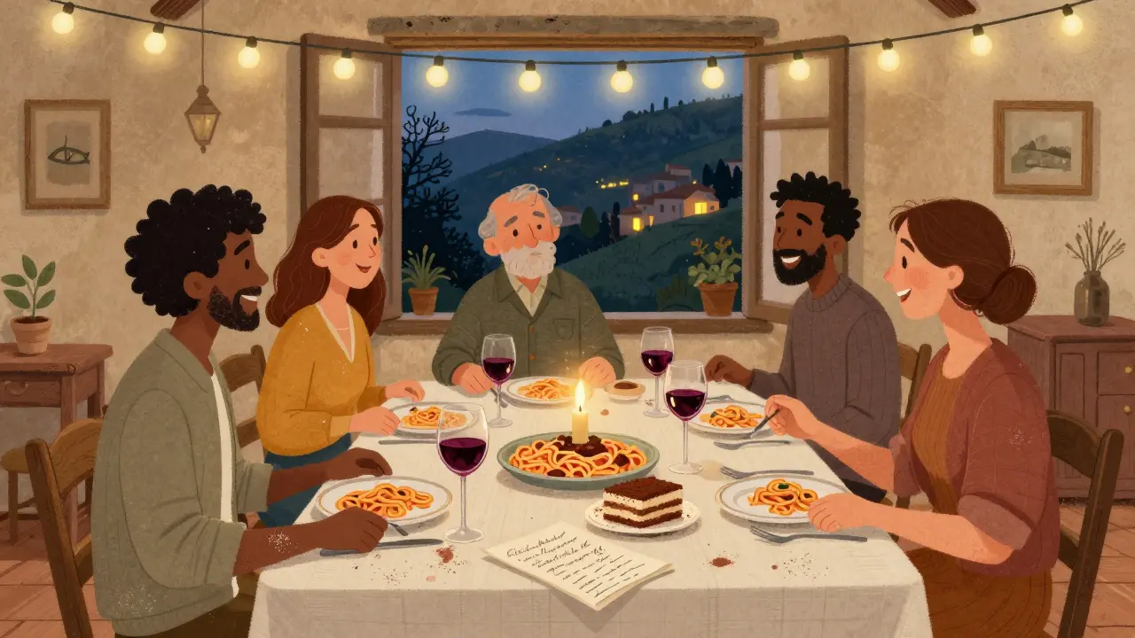 Гости за общим столом в Италии едят домашнюю пасту и пьют вино, смеются и делятся моментами под мягким светом.
