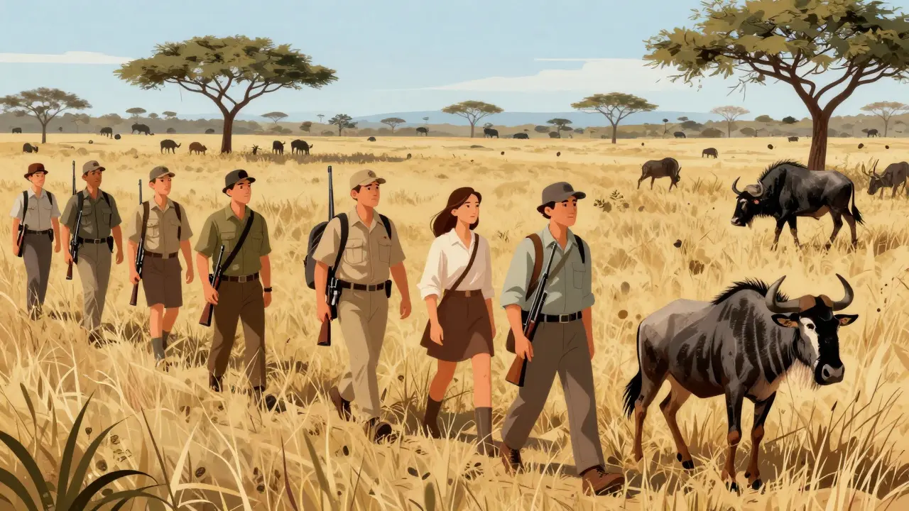 Группа туристов с гидами во время охоты в африканской саванне