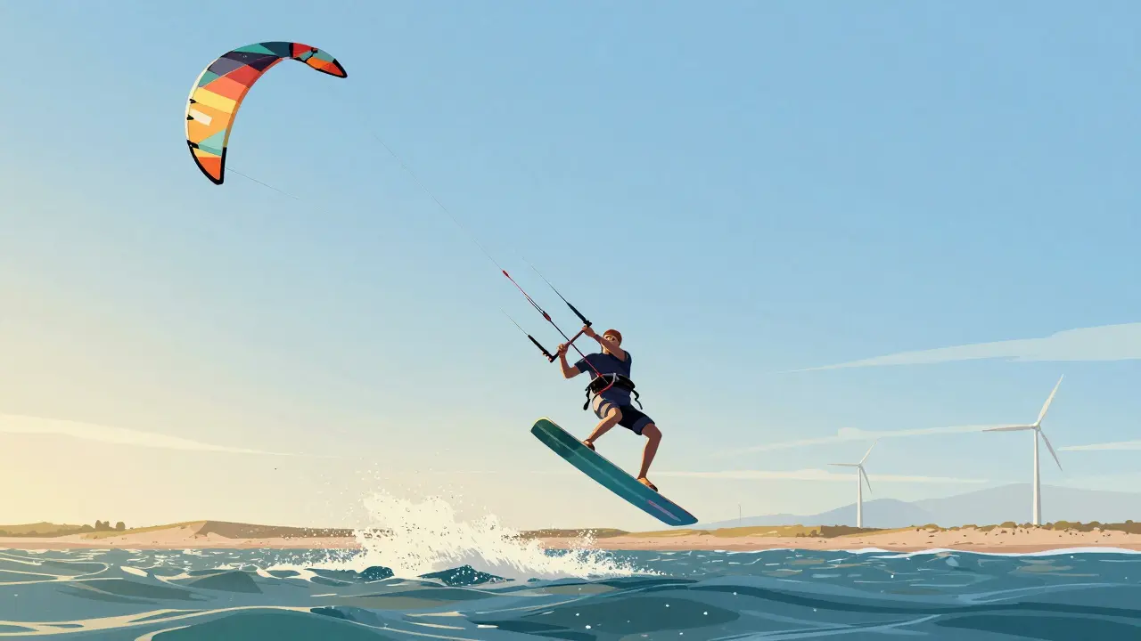 Кайтсерфер в полёте над водой, воздушный змей в небе, брызги воды под ногами, золотистый закат на горизонте.