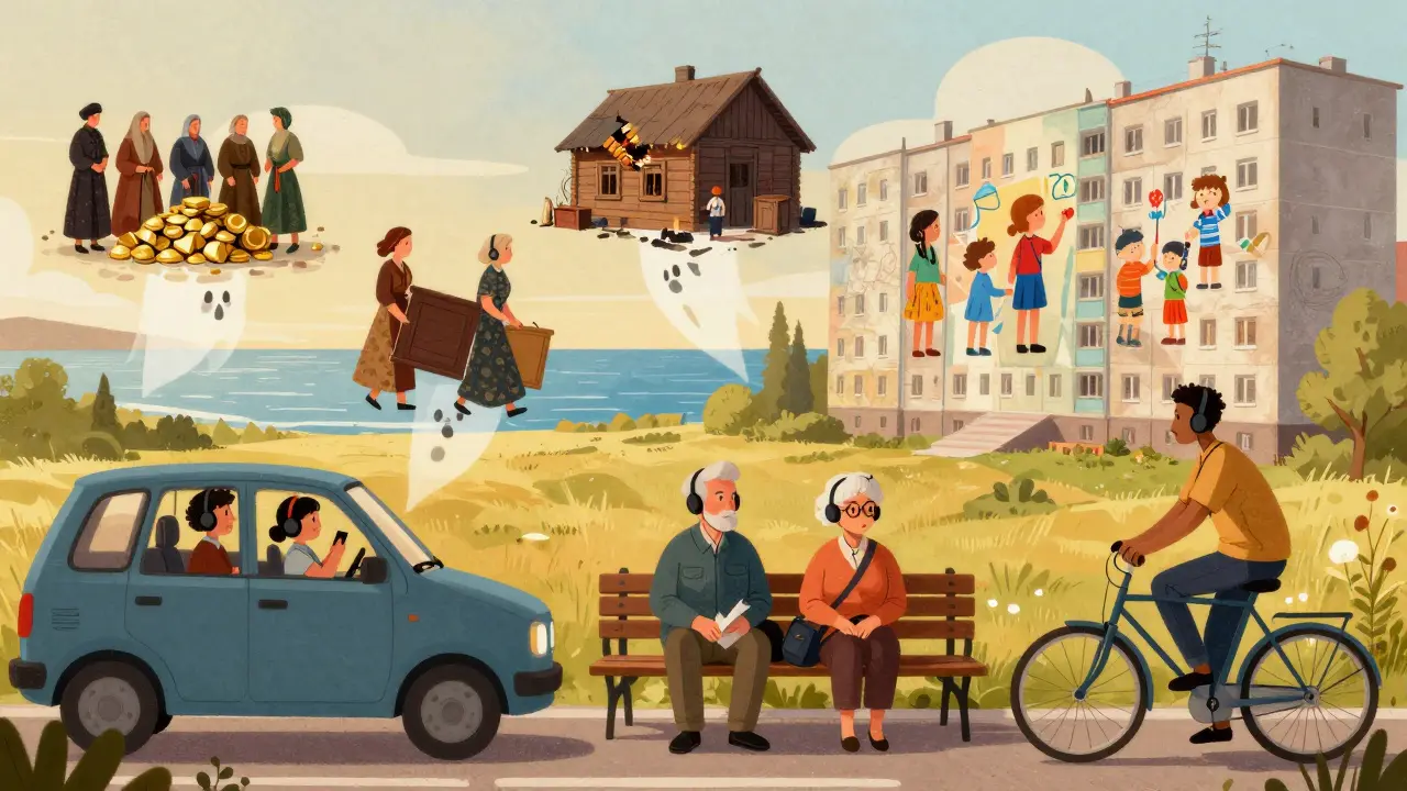 Люди слушают аудиогиды, а вокруг них — живые сцены из русской истории: крестьяне, женщины, дети.