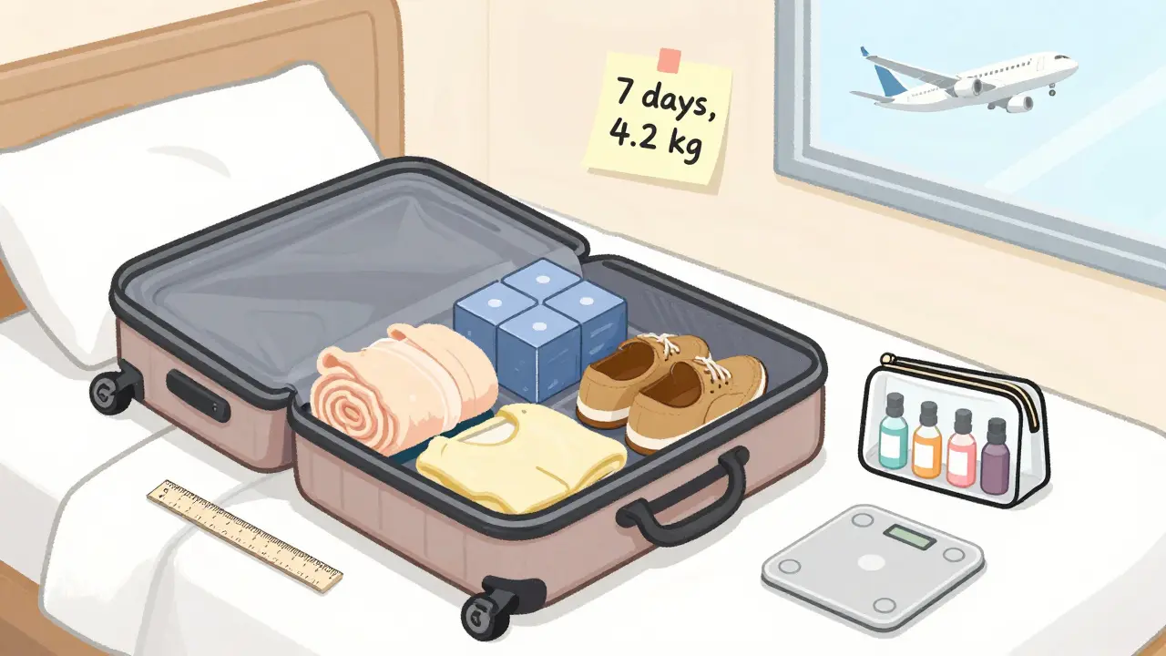 Минималистичная упаковка для поездки: свернутые вещи, компрессионные мешки и маленькие флаконы в одной сумке.