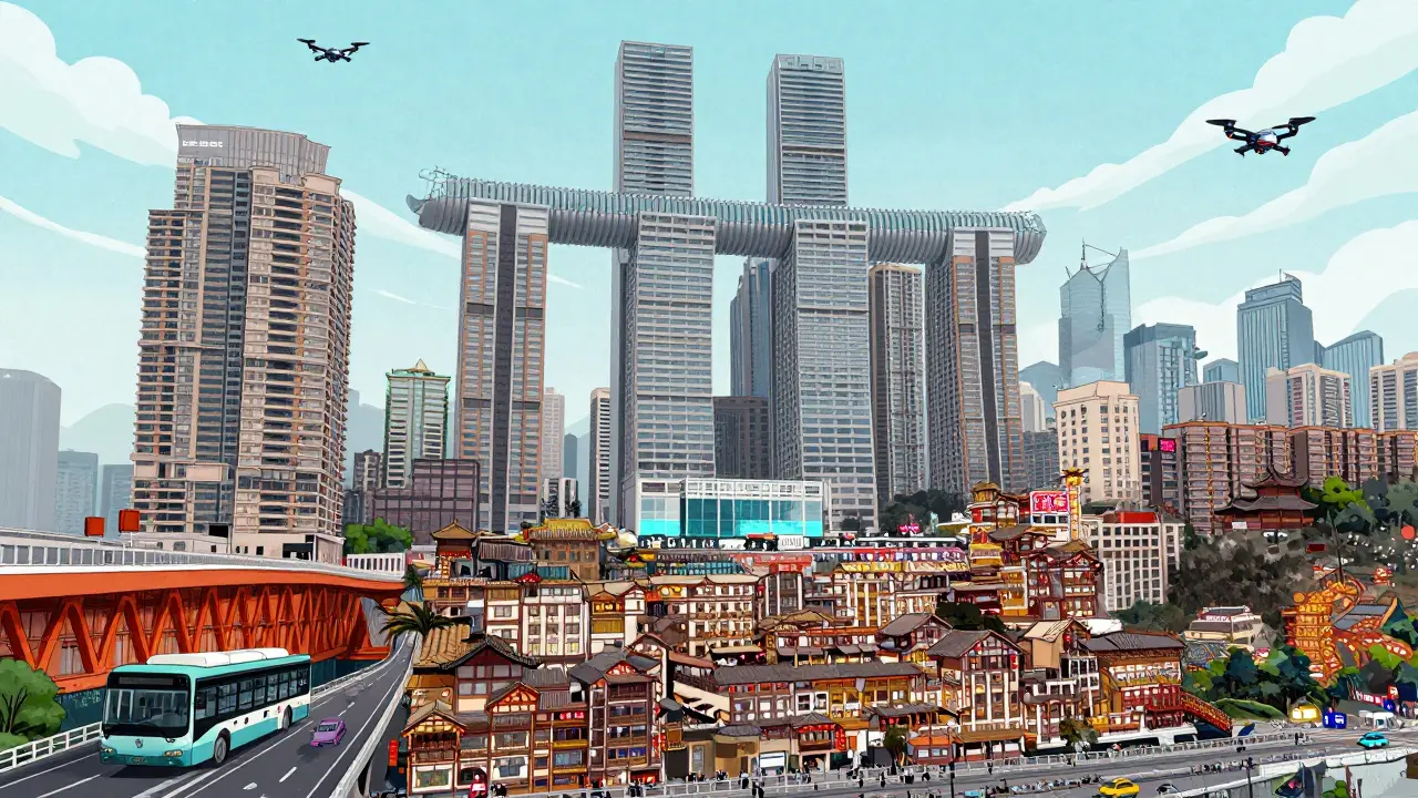 Небоскребы Чунцина соединены мостом с бассейном над улицами, где ездят автобусы и летают дроны.