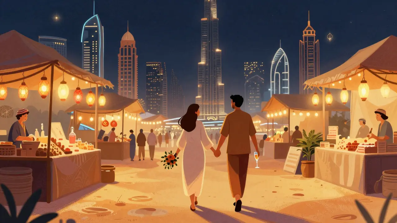 Пара гуляет по ночному базару в Дубае во время круиза по Персидскому заливу.