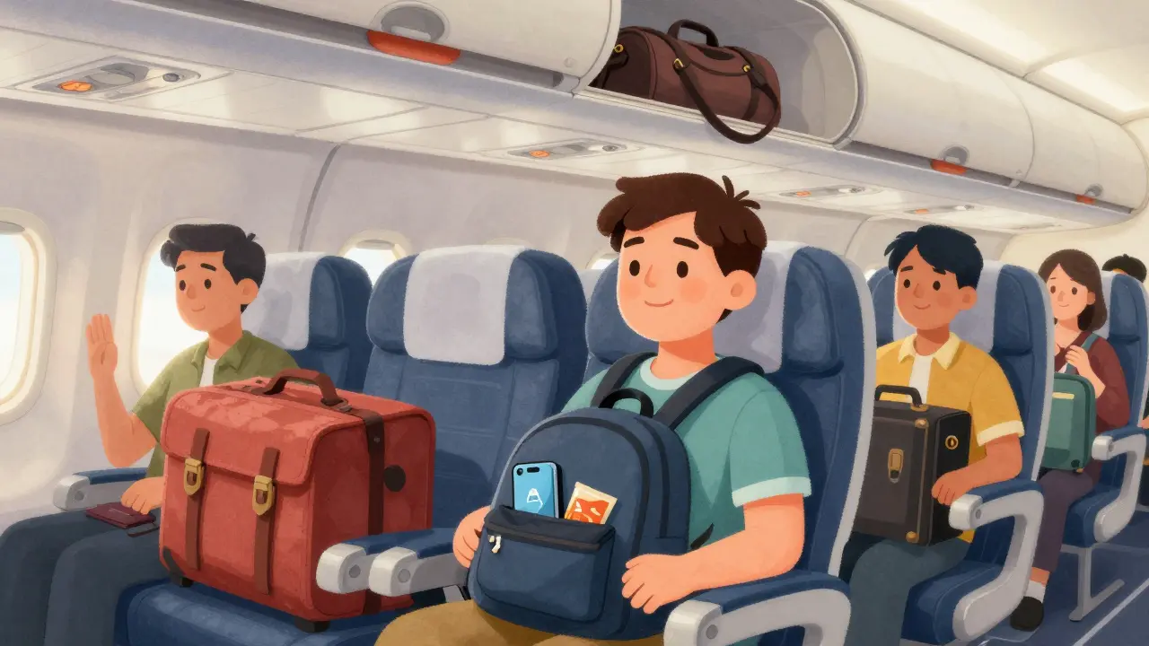 Пассажир с легким рюкзаком на коленях и одной сумкой в багажном отсеке, другие пассажиры с громоздким багажом.