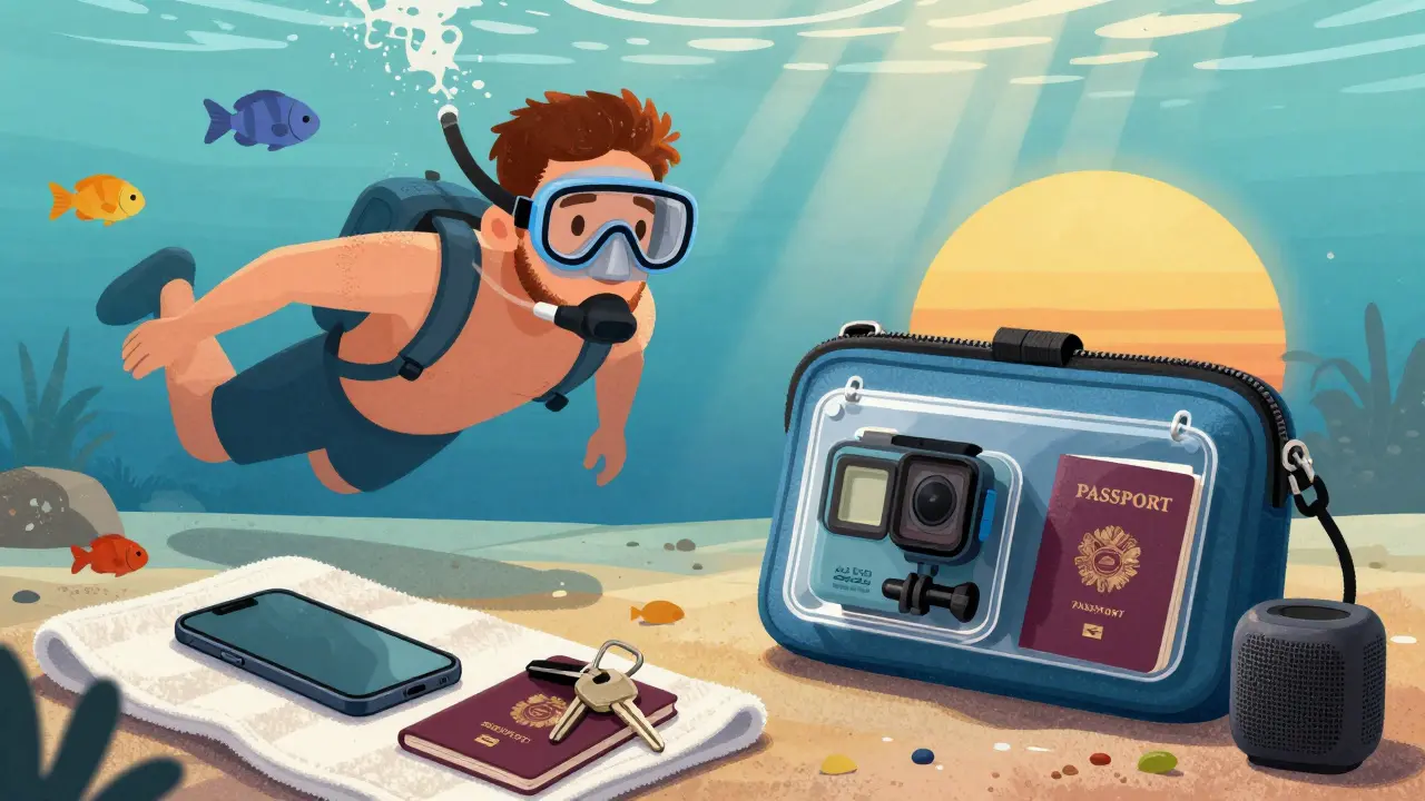 Плавающий турист с телефоном и камерой в чехлах, на берегу сухие гаджеты в одном чехле.