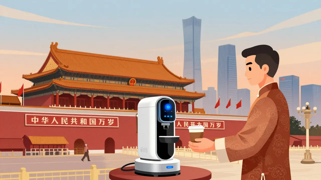 Площадь Тяньаньмэнь в сумерках: традиционная архитектура и современные офисы технологических компаний.