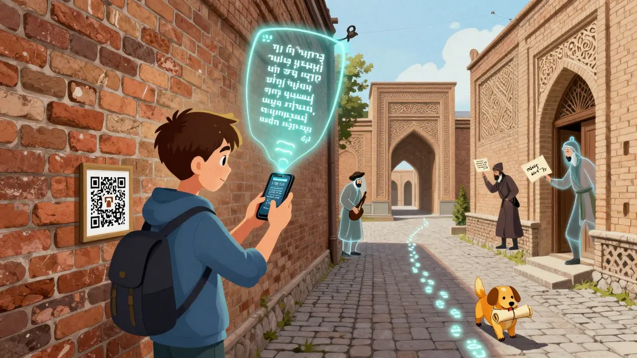 Подросток сканирует QR-код на стене старого квартала Казани, над головой — цифровая загадка.