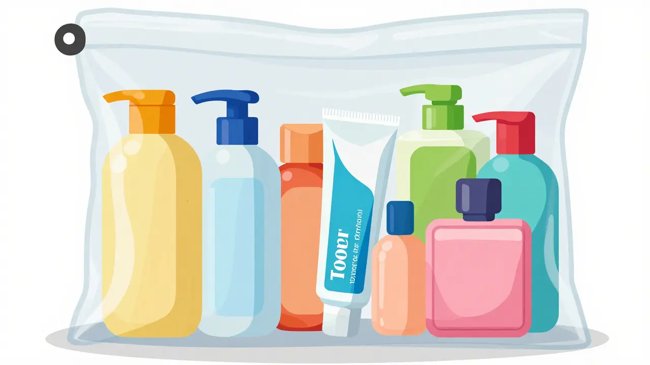 Прозрачный пакет с маленькими флаконами косметики и средств гигиены