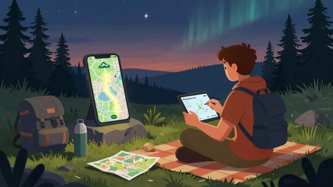 Путешественник планирует маршрут на планшете у костра, на телефоне — светящийся трек через лес, на фоне закатное небо.