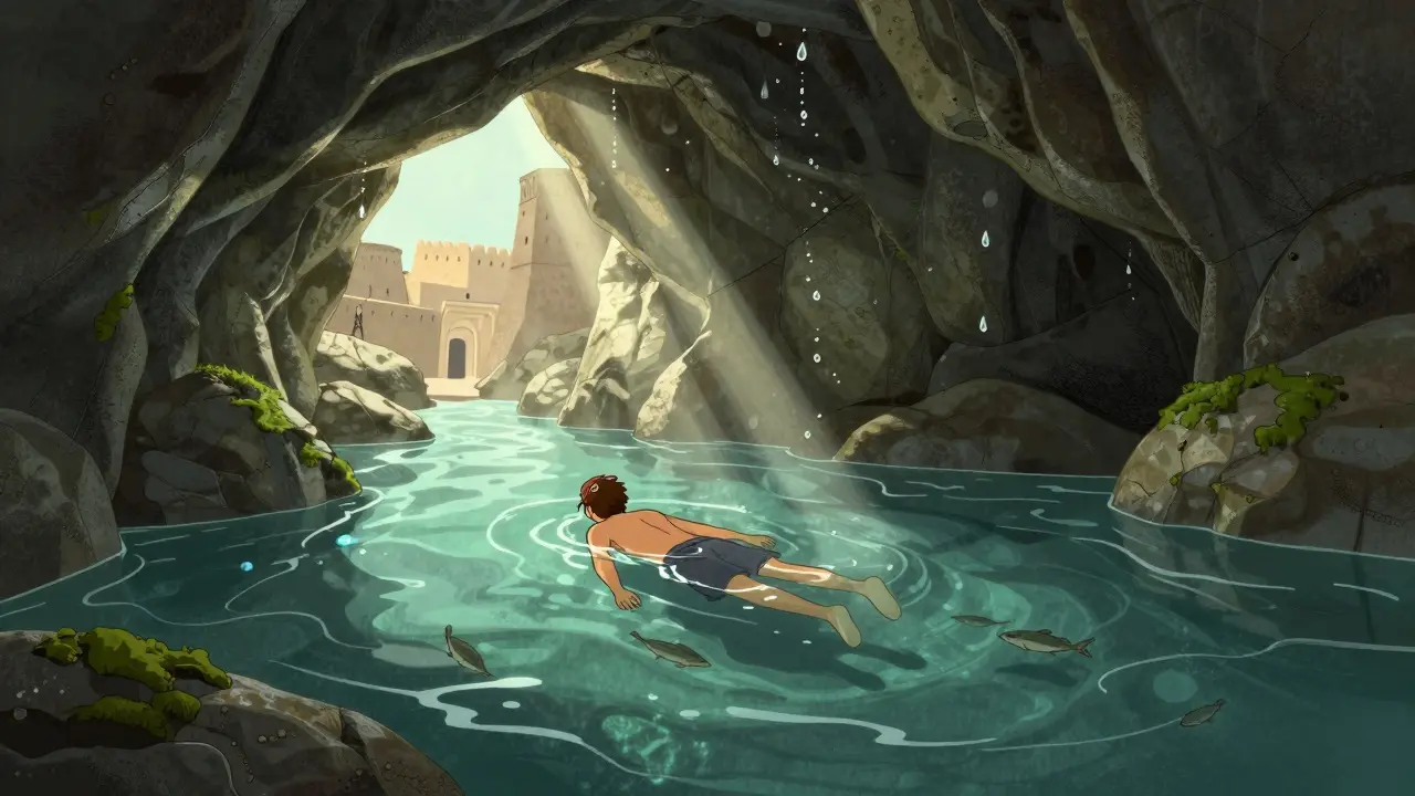 Путешественник проплывает через тёмную пещеру Вади Шаб в прозрачной воде, свет пробивается сквозь трещины в скале.