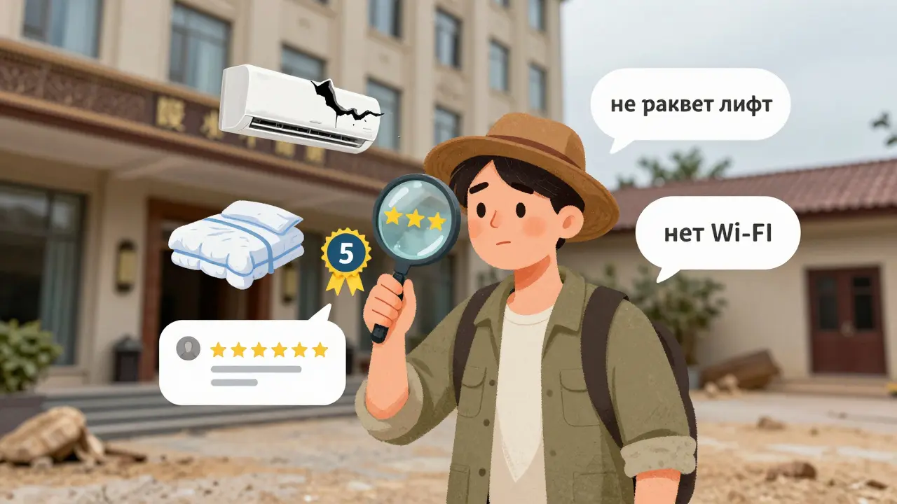 Путешественник с лупой, рассматривающий ложные и настоящие отзывы об отеле.