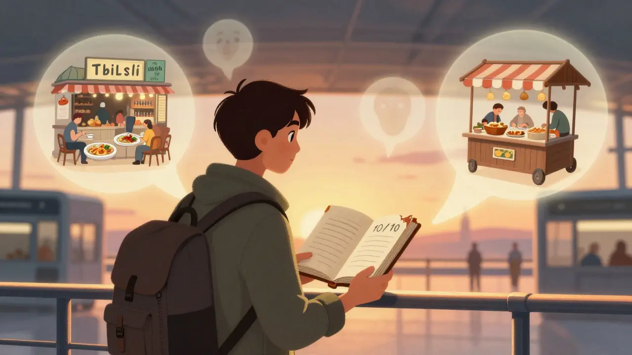 Путешественник у выхода в аэропорту с журналом, отмеченным 10/10, вокруг — прозрачные воспоминания о еде из разных стран.