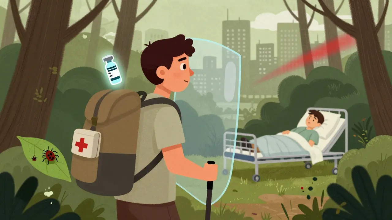 Путешественник в лесу, защитный щит от вакцины против клещевого энцефалита, рядом — клещ, вдали — больница.