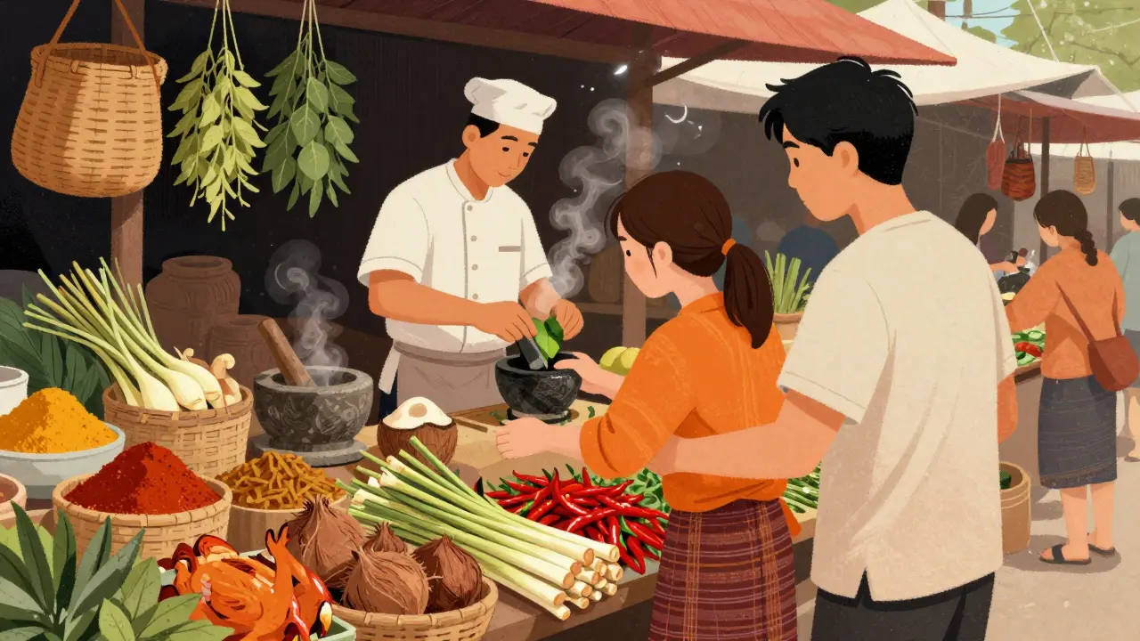 Путешественник выбирает лемонграсс и перец на рынке Чиангмая, шеф показывает, как молоть травы в ступке.