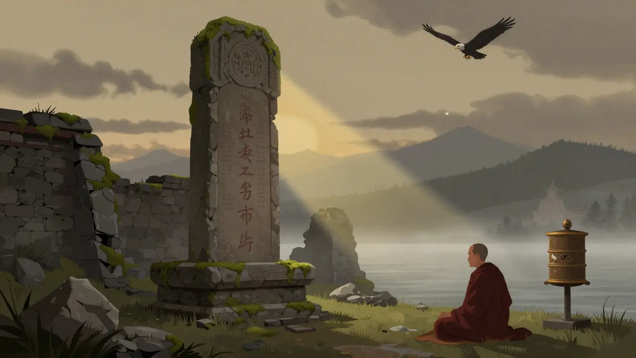 Руины Тамчинского дацана на берегу озера с памятником хамбо-ламам и одним монахом в медитации.