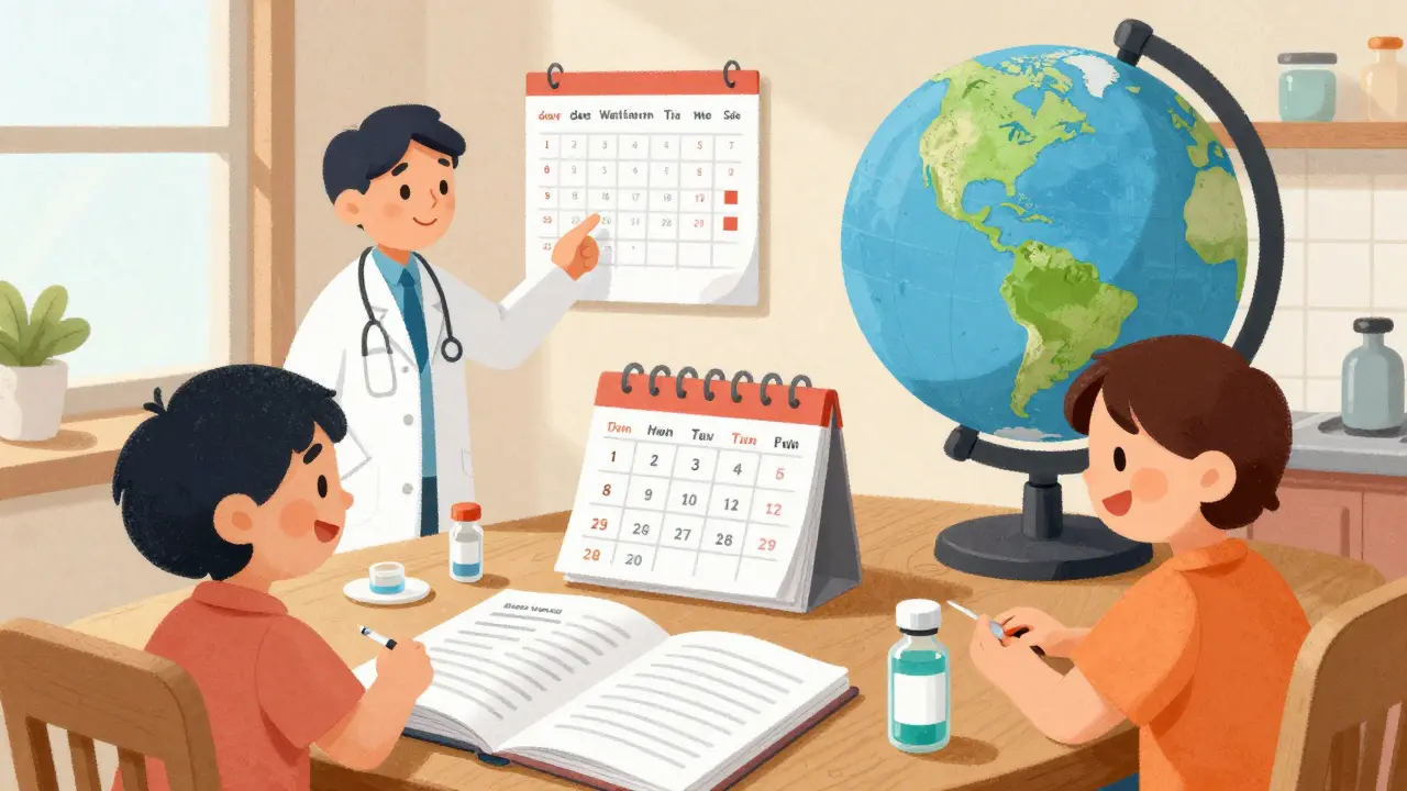 Семья готовится к поездке, изучает график прививок и глобус с зонами риска, врач объясняет схему вакцинации.