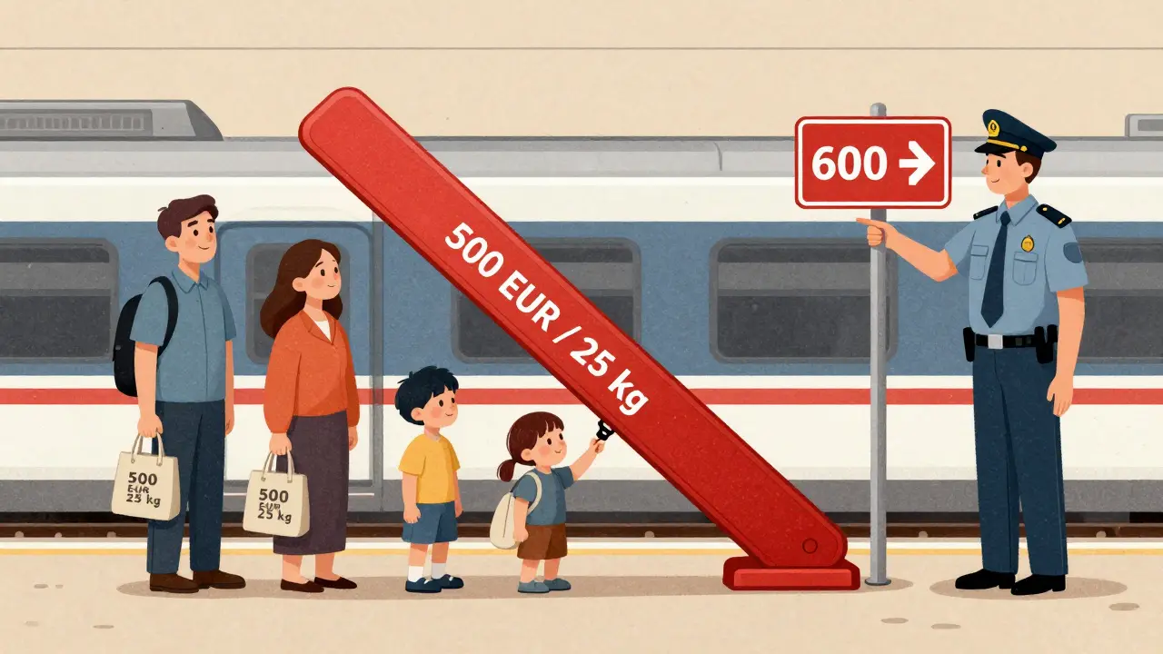 Семья на таможне у поезда с превышением лимита по весу и стоимости.