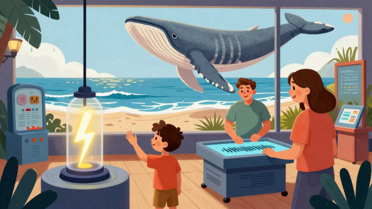 Семья взаимодействует с научными экспонатами в музее: ребенок трогает молнию, отец проверяет землетрясение, над ними — скелет кита.