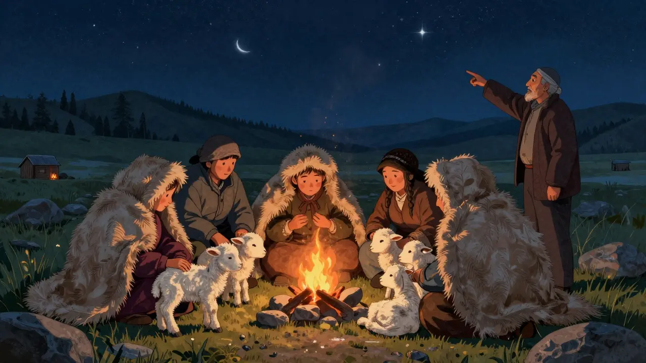 Семья защищает новорожденных ягнят и телят от холода ночью у костра в горах Алтая.