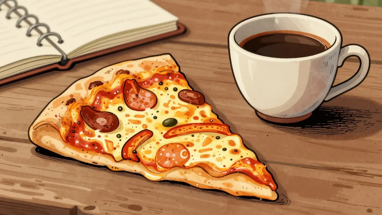 Снимок еды под углом с книгой и кофейной чашкой на фоне.