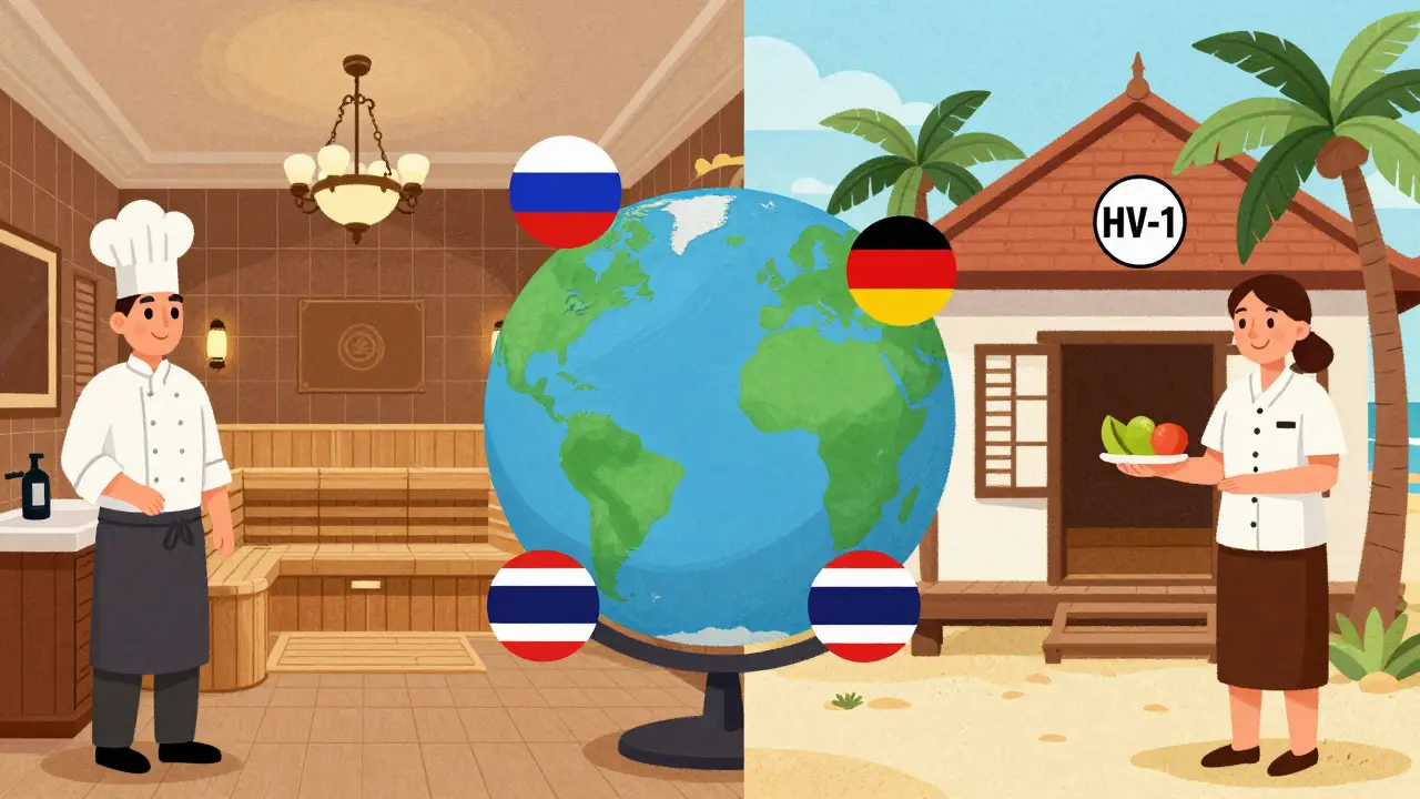 Сравнение европейского отеля с консьержем и сауной и тайской виллы с HV-1 на пляже.