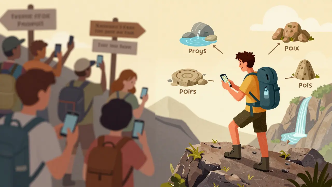 Сравнение: группа туристов потерялась, а один путешественник уверенно идет по тропе с помощью офлайн-карты и метками достопримечательностей.