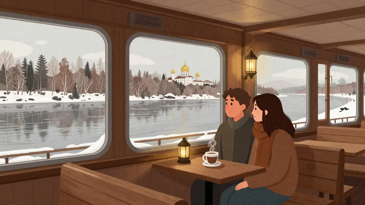 Супруги на речном круизе по Волге зимой, пьют какао у окна.