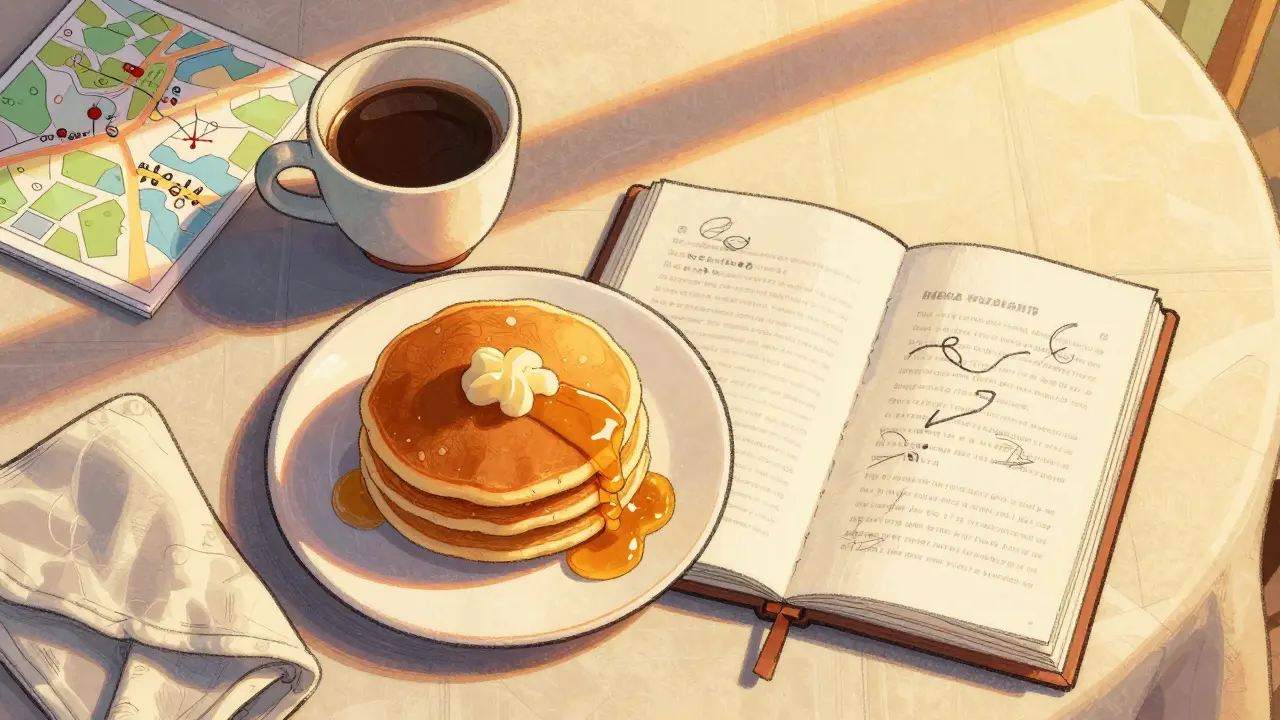 Сверху завтрак на столе с меню и кофейной чашкой в теплом свете.