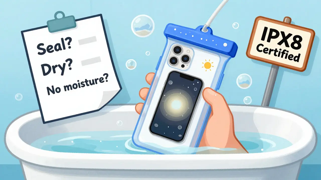 Тестирование водонепроницаемого чехла в ванне с пузырьками и проверкой герметичности.