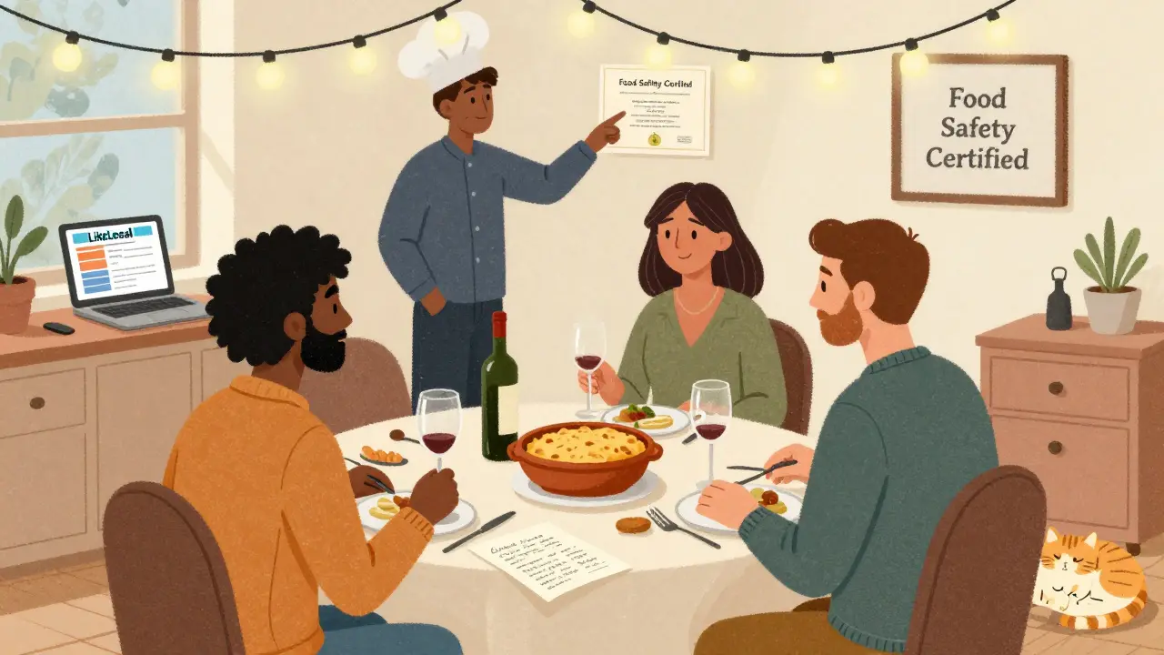 Трое гостей ужинают в Европе, на стене — сертификат безопасности, на столе — домашняя еда и ноутбук с бронью.