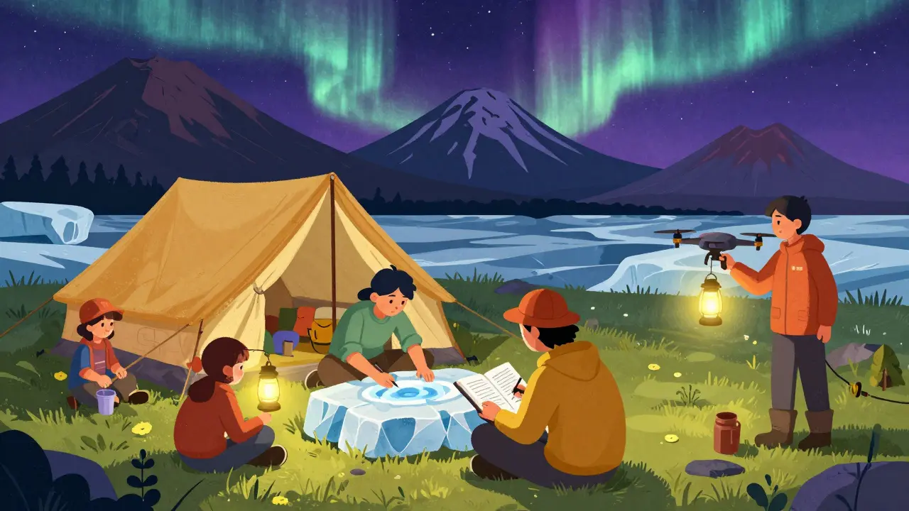 Участники экспедиции на Камчатке изучают ледяные керны под палаткой, на фоне вулканов и северного сияния.
