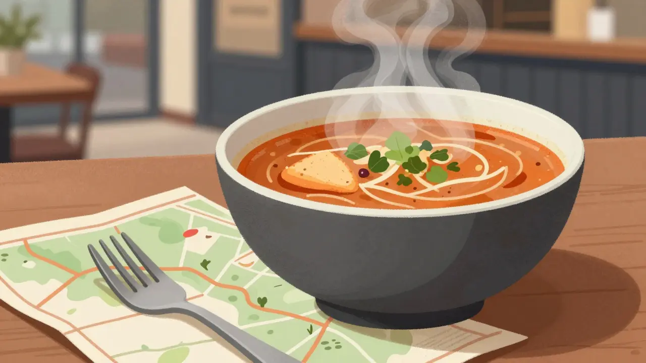 Вид ракурса 45 градусов на горячее блюдо с картой на переднем плане.