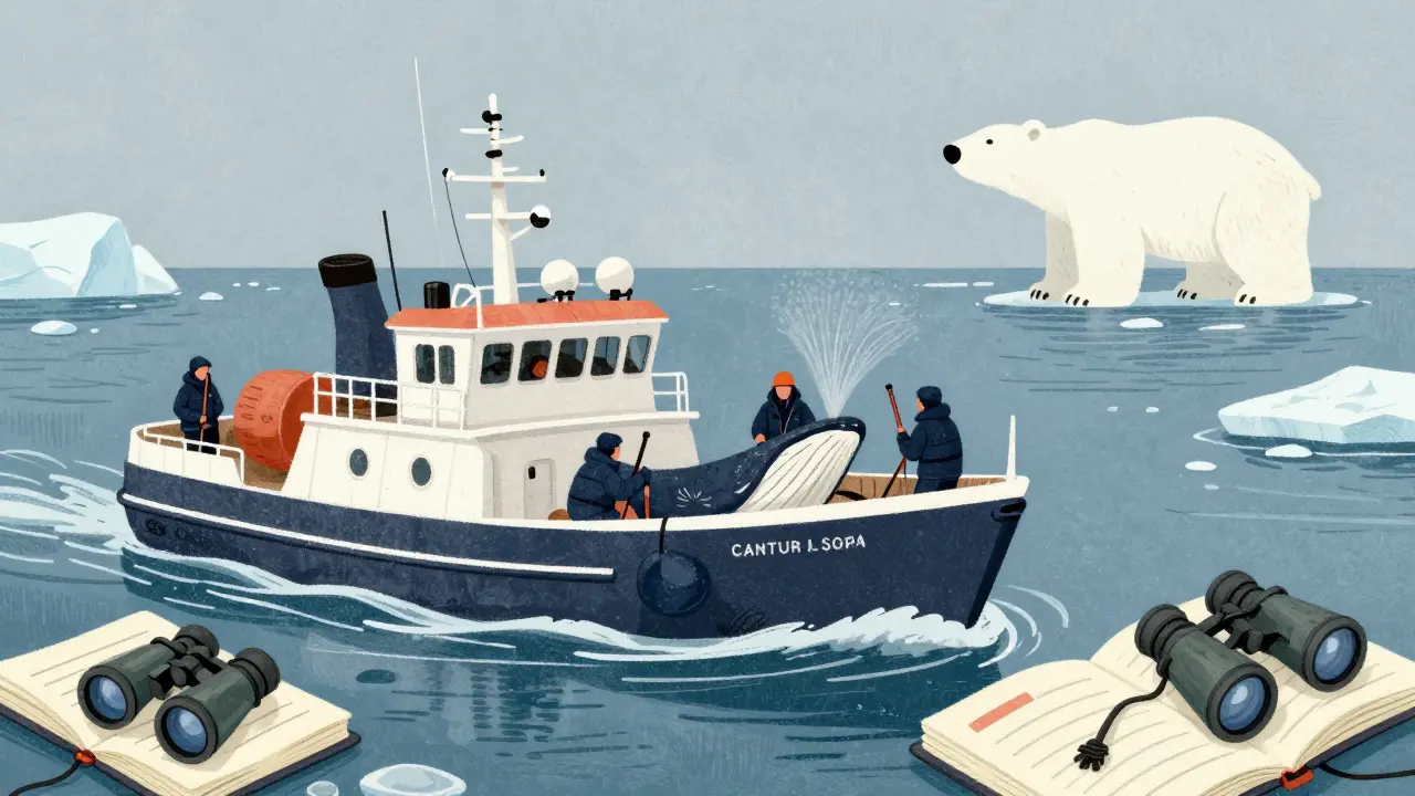 Волонтёры на исследовательском судне записывают звуки белух в Белом море, на фоне айсбергов и далёкого медведя.