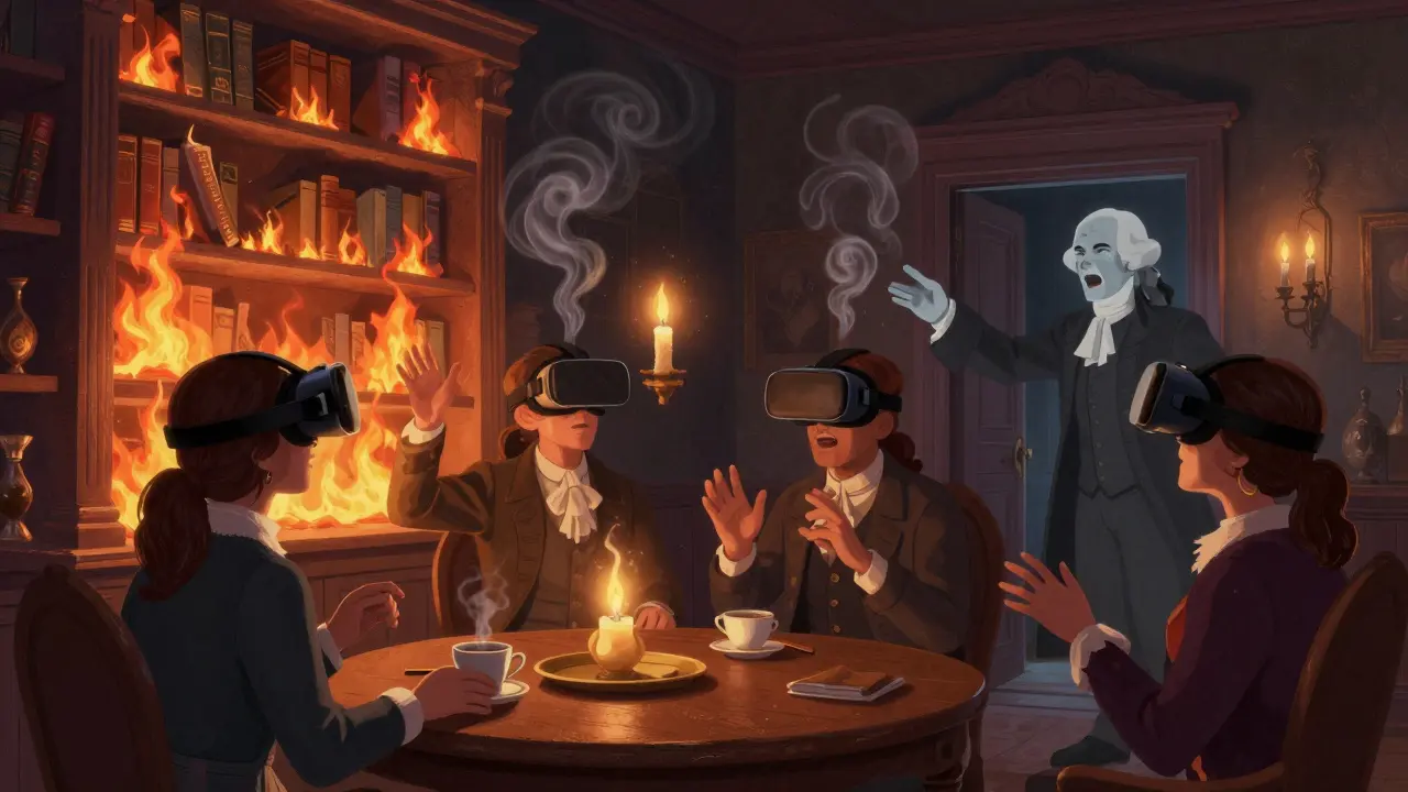 Взрослые в VR-шлемах переживают пожар в старинном особняке, где реальные и виртуальные элементы сливаются.